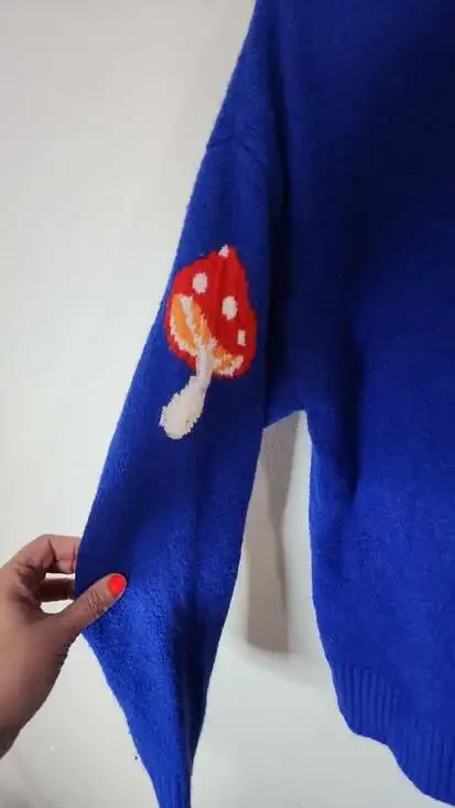 Forever 21 Royal Blue Mushroom Graphic Knit Pullover Sweater Size Medium - Picture 4 of 5